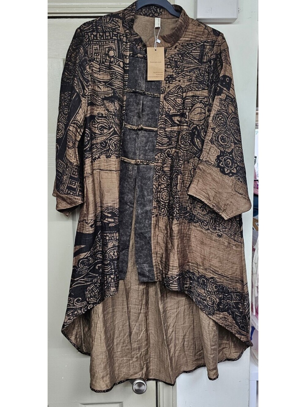 Bohemian Style Brown and Black Printed Linen Two-Piece Set with Tunic and Wide-L